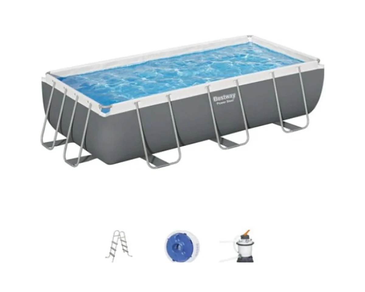 Bestway Rectangular Frame Pool 13.3 ft × 6.7 ft × 3.3 ft (56442) above-ground swimming pool with sand filter pump, ladder, skimmer